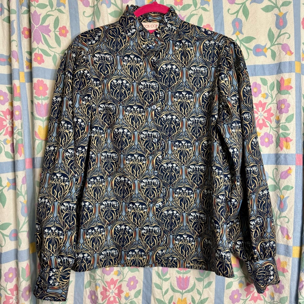 Vintage Cos Cob Navy Blue Button Down Patterned Blouse With Small Shoulder Pads